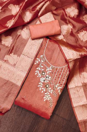 Peach Pure Viscose Hand Wrok Unstitched Dress Material