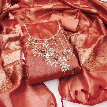 Peach Pure Viscose Hand Wrok Unstitched Dress Material 2