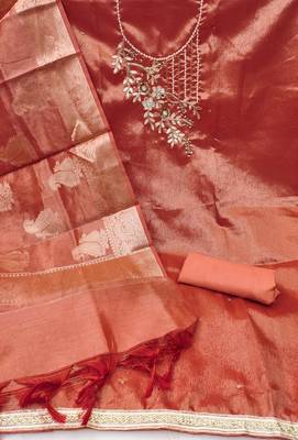 Peach Pure Viscose Hand Wrok Unstitched Dress Material 3