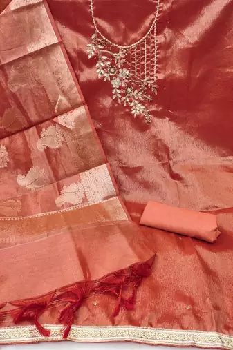 Peach Pure Viscose Hand Wrok Unstitched Dress Material