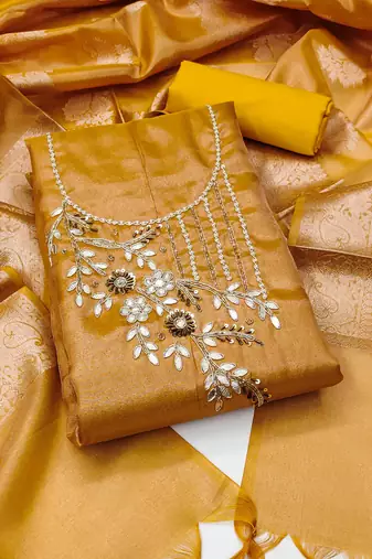 Mustard Pure Viscose Hand Wrok Unstitched Dress Material