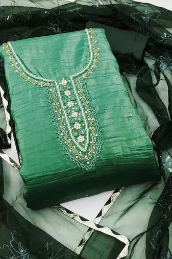 Green Chiffon Hand Wrok Unstitched Dress Material