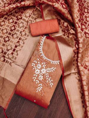 Orange Pure Viscose Hand Wrok Unstitched Dress Material 1