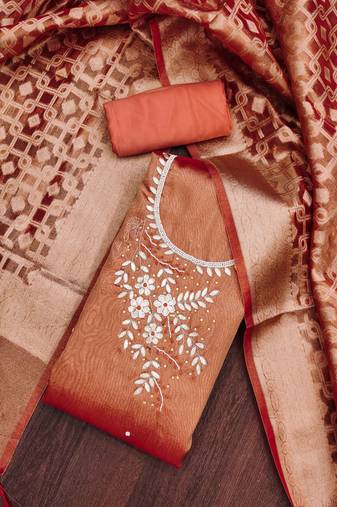 Orange Pure Viscose Hand Wrok Unstitched Dress Material