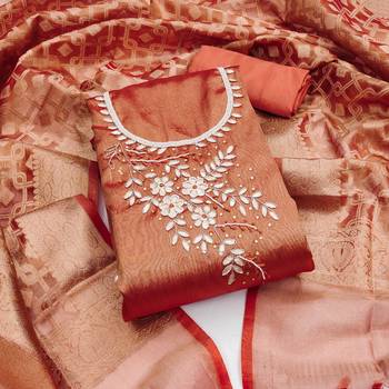 Orange Pure Viscose Hand Wrok Unstitched Dress Material 2