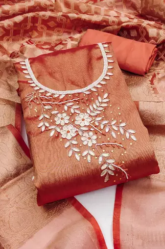 Orange Pure Viscose Hand Wrok Unstitched Dress Material