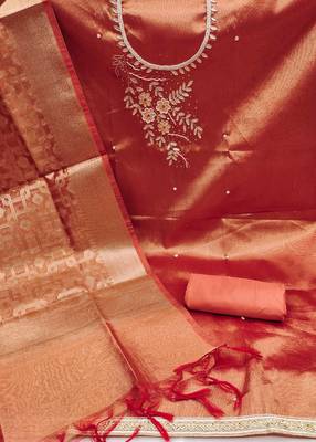 Orange Pure Viscose Hand Wrok Unstitched Dress Material 3