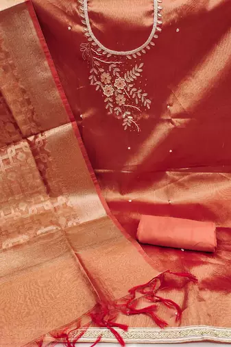 Orange Pure Viscose Hand Wrok Unstitched Dress Material