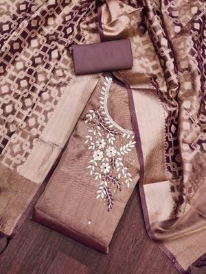 Brown Pure Viscose Hand Wrok Unstitched Dress Material 1