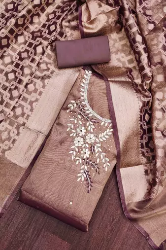 Brown Pure Viscose Hand Wrok Unstitched Dress Material