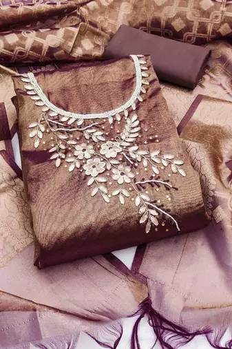 Brown Pure Viscose Hand Wrok Unstitched Dress Material