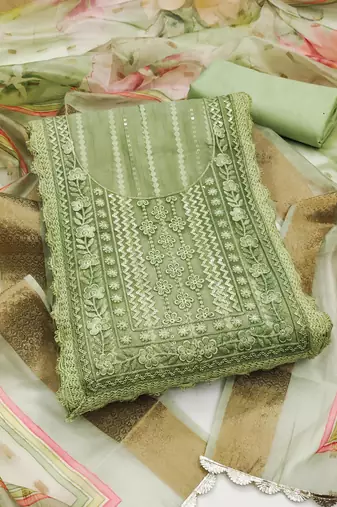 Pista Cotton silk blend Embroidered Unstitched Dress Material