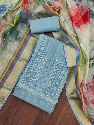 Grey Cotton silk blend Embroidered Unstitched Dress Material 1