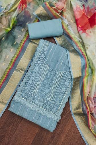 Grey Cotton silk blend Embroidered Unstitched Dress Material
