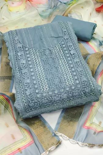 Grey Cotton silk blend Embroidered Unstitched Dress Material