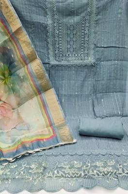 Grey Cotton silk blend Embroidered Unstitched Dress Material 3