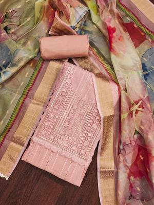Peach Cotton silk blend Embroidered Unstitched Dress Material 1