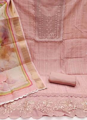 Peach Cotton silk blend Embroidered Unstitched Dress Material 3