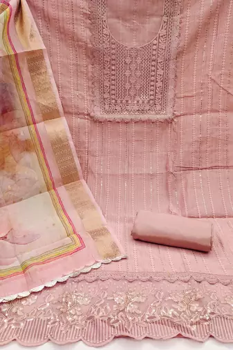 Peach Cotton silk blend Embroidered Unstitched Dress Material