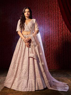 Luxurious Lilac Hand Embroidered Silk Lehenga Choli Set 1