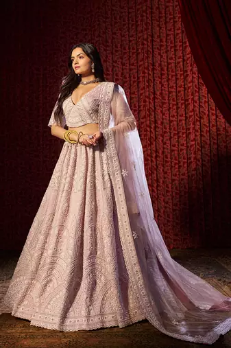 Luxurious Lilac Hand Embroidered Silk Lehenga Choli Set