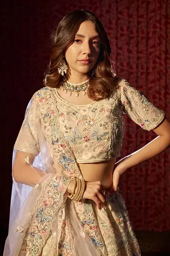 Sensational White Embroidered Georgette Lehenga Choli Set