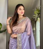 Lavender Colour Beautiful Silver Tissue Silk Embroidery And Real mirror Work Saree