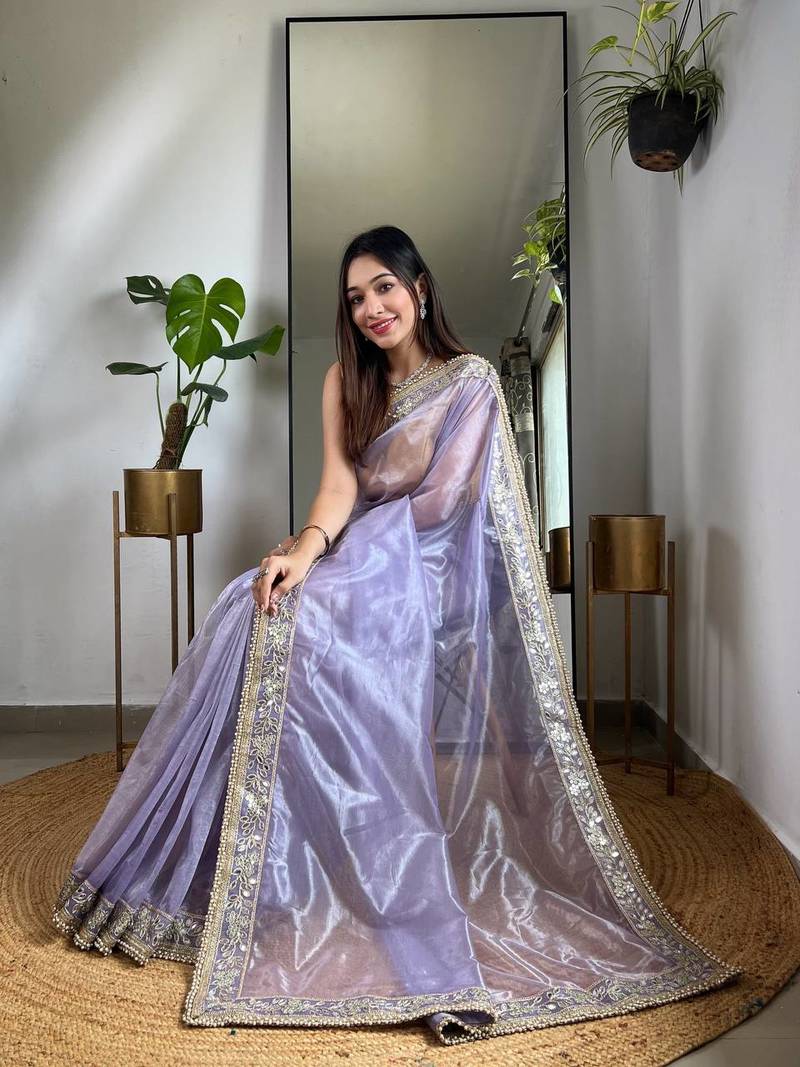 Lavender Colour Beautiful Silver Tissue Silk Embroidery And Real mirror Work Saree