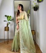 Olive Colour Beautiful Silver Tissue Silk Embroidery And Real mirror Work Saree