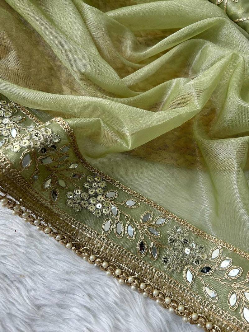 Olive Colour Beautiful Silver Tissue Silk Embroidery And Real mirror Work Saree