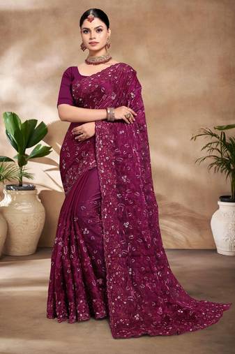 Wine Resham sequin Embroidery Silk Saree