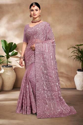 Lavender Resham sequin Embroidery Silk Saree