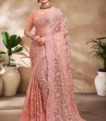 Peach Resham sequin Embroidery Work Silk Saree