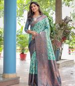 Women'S Turquoise Silk Kanjeevaram Saree With Unstitched Blouse Piece