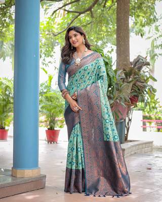 Women'S Turquoise silk blend Kanjeevaram Saree With Unstitched Blouse Piece 5