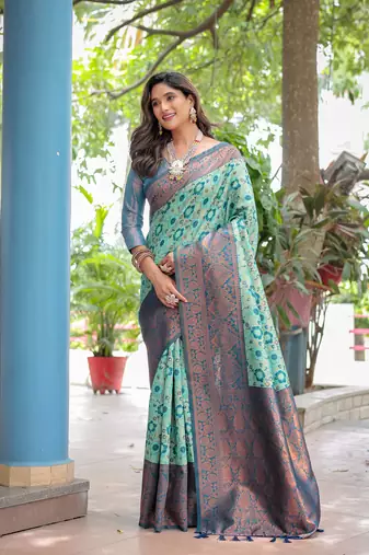 Women'S Turquoise Silk Kanjeevaram Saree With Unstitched Blouse Piece