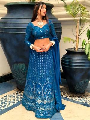 Traditional blue lehenga choli with embroidered and georgette dupatta 1