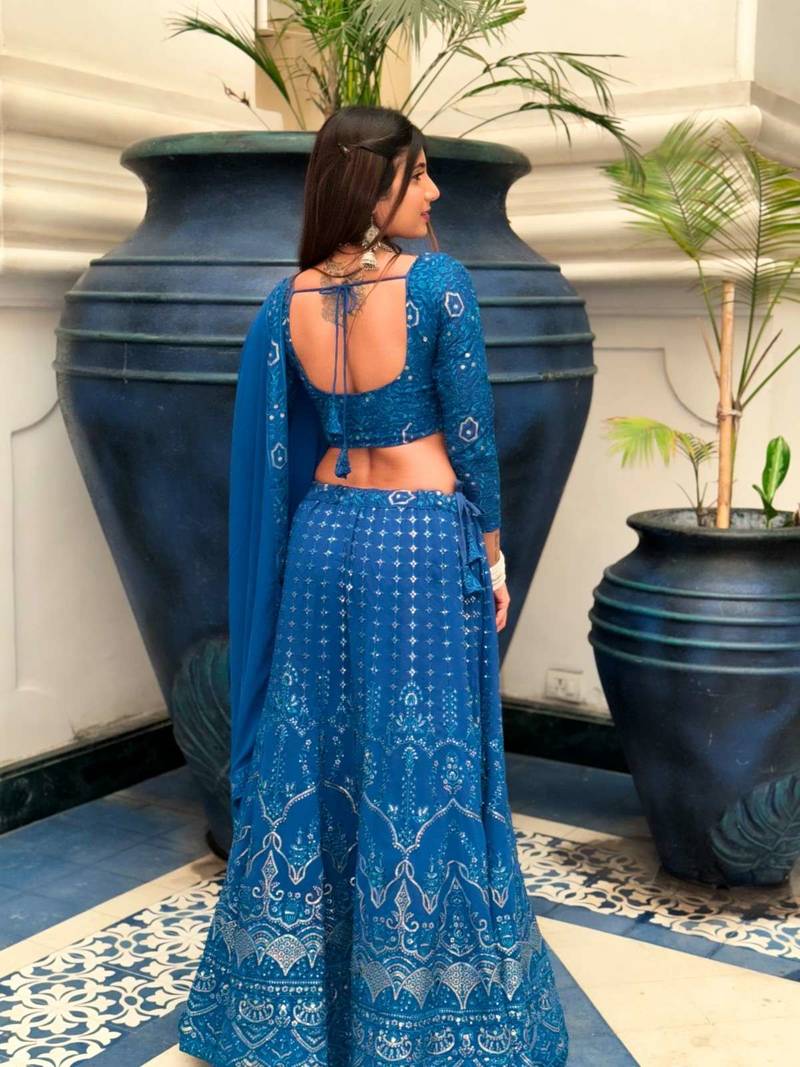 Traditional blue lehenga choli with embroidered and georgette dupatta