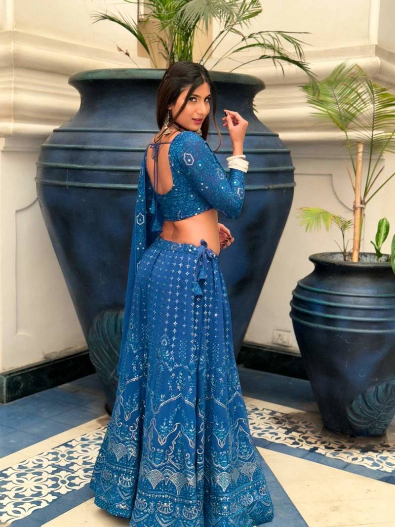 Traditional blue lehenga choli with embroidered and georgette dupatta
