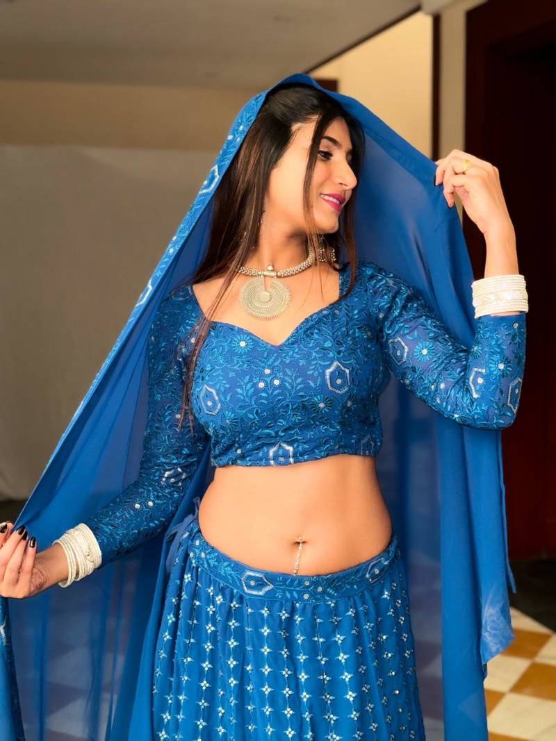 Traditional blue lehenga choli with embroidered and georgette dupatta