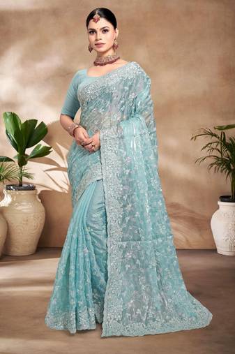 Sky Blue Resham sequin Embroidery Work Silk Saree