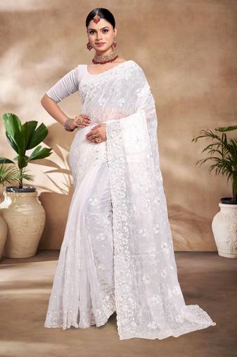 White Sequins Rsham Embroidery Work Silk Saree