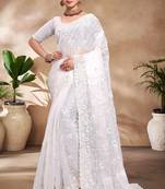 White Sequins Rsham Embroidery Work Silk Saree