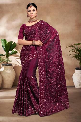 Desigener Wine Resham sequin Embroidery Silk Saree