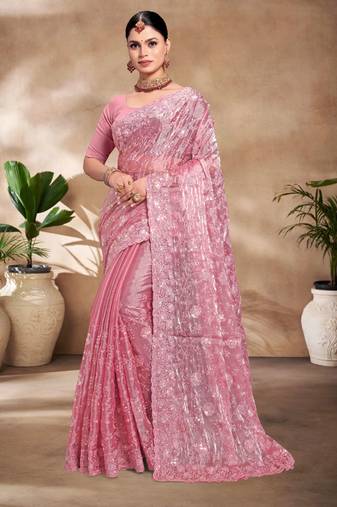 Pink Resham sequin Embroidery Work Silk Saree
