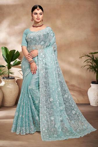 Sky Blue Resham sequin Embroidery Silk Saree