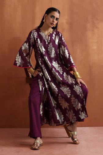 purple metallic straight kurta set