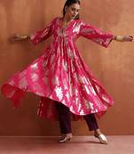 pink metallic flared anarkali kurta set