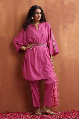 pink print kaftan kurta co-ord set