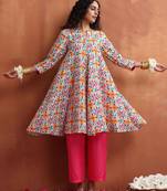 off white print flared anarkali kurta co-ord set